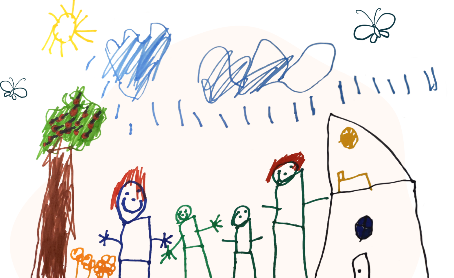 Bērna zīmējums ar četriem cilvēkiem (divi lielāki, divi mazāki), māja, koks, mākoņi, saule un kukaiņi