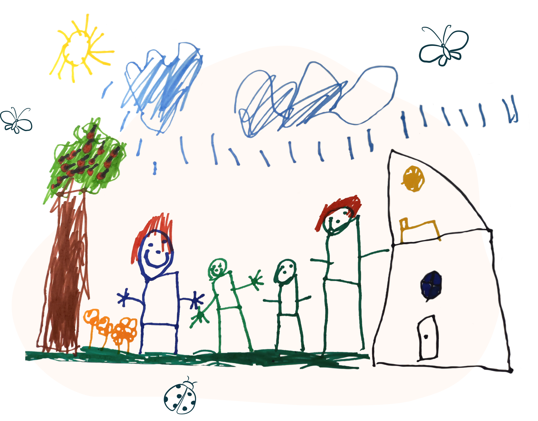 Bērna zīmējums ar četriem cilvēkiem (divi lielāki, divi mazāki), māja, koks, mākoņi, saule un kukaiņi